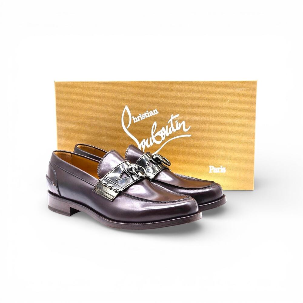 Christian Louboutin Leather Loafers with Metal Ornament Brown EU 40.5 US 7.5 NWB